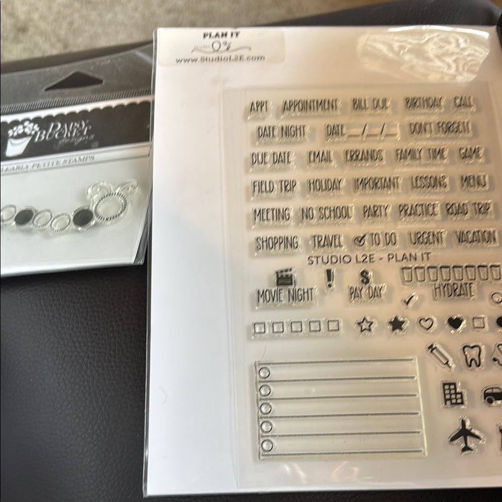 Studio L2E Planner Stamps  & Small Button clearly Petite Stamps.  MIP